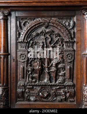 Arts décoratifs à Speke Hall, Grade I Listed National Trust Tudor Manor House, Liverpool, Angleterre, Royaume-Uni. Banque D'Images