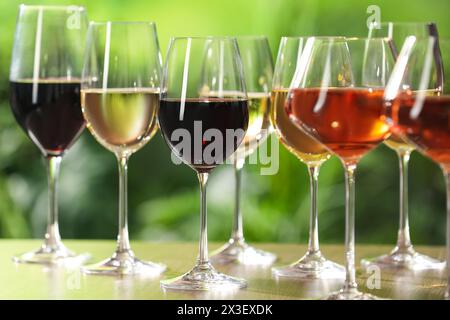 Différents vins savoureux dans des verres sur la table Banque D'Images