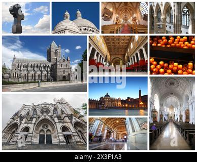 Collage avec de belles cathédrales catholiques, intérieurs, bougies Banque D'Images