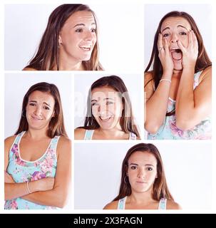 Femme, composite et collage avec expressions faciales en studio avec drôle ou joyeux en portrait avec heureux. Émotions, comédie et tristesse ou surprise Banque D'Images