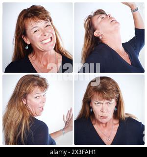 Collage, femme et portrait avec expression drôle, bonheur et visage fou en studio. Composite, personne féminine et isolée par fond blanc avec Banque D'Images