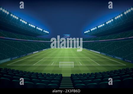 Stade de football moderne illuminé par des projecteurs la nuit. Illustration vectorielle Illustration de Vecteur