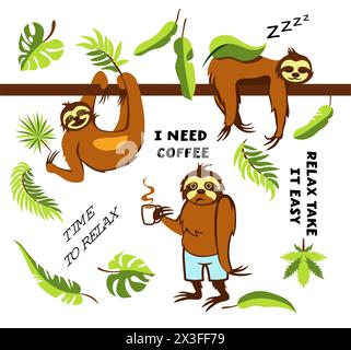 Ensemble de conception graphique vectorielle de paresseux de dessin animé mignon. Adorable personnages de paresseux de bébé dessinés à la main accrochés sur l'arbre. Illustration de Vecteur