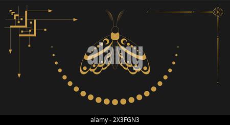 Vecteur mystique ensemble céleste a avec contour doré soleil, étoiles, croissants et phases de lune. Étiquettes linéaires occultes noires brillantes avec un cadre magique Illustration de Vecteur