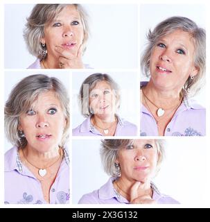 Femme senior, portrait et collage avec des expressions pour la comédie, l'humour ou la personnalité dans le montage. Femme âgée aux visages idiots en collection Banque D'Images