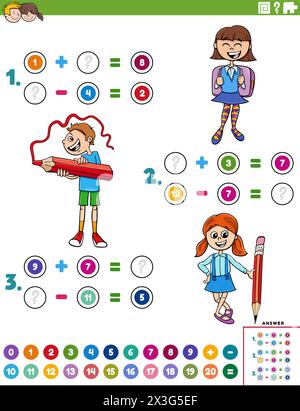 Illustration de dessin animé de puzzle d'addition et de soustraction mathématiques éducatives avec des personnages d'enfants d'école Illustration de Vecteur