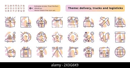 Chaîne logistique, camions, logistique, livraison. Icône de ligne vectorielle définie avec fond dégradé de lumière. 24 signes - 48x48 px (trait modifiable, pixel parfait) an Illustration de Vecteur