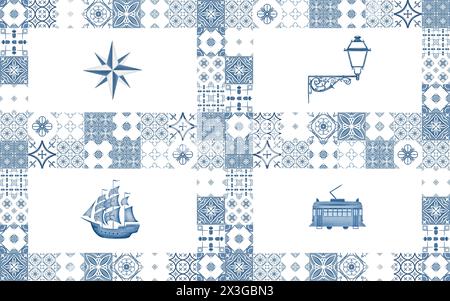 Motif aquarelle sans couture avec azulejo ornement portugais traditionnel et symboles de portugal.carreaux de céramique carrés dans des couleurs bleues monochromes Banque D'Images