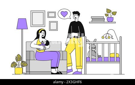 Parents heureux dans le vecteur de chambre d'enfants simple Illustration de Vecteur