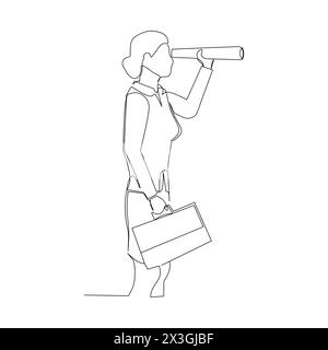 Femme d'affaires avec mallette et télescope. Stratégique dans la recherche d'opportunité dans le concept d'entreprise. Dessin au trait continu. Illustration vectorielle des Illustration de Vecteur