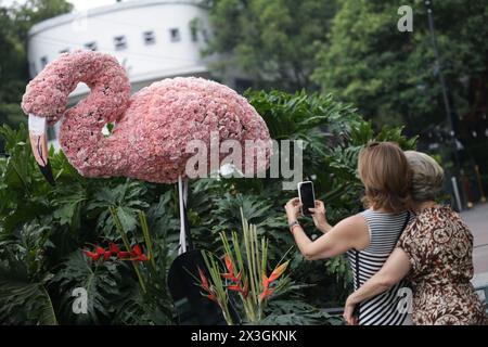 Mexico, Mexique. 26 avril 2024. Les touristes prennent des photos d'une installation décorée de fleurs pendant le Festival des fleurs et des jardins à Mexico, Mexique, le 26 avril 2024. Crédit : Francisco Canedo/Xinhua/Alamy Live News Banque D'Images