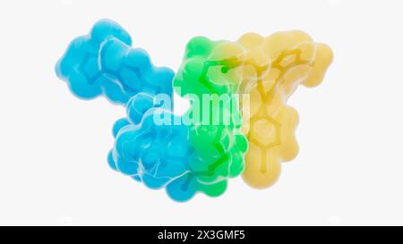 Illustration de la structure d'une molécule de dégradation de protéine ciblée, telle qu'une chimère de ciblage de protéolyse (PROTAC). Les dégradants de protéines ciblés sont de petites molécules constituées de deux ligands (bleu et orange) reliés par un linker (vert). Un ligand recrute une protéine d'intérêt, tandis que l'autre recrute une molécule de protéine ligase, ce qui conduit à l'ubiquitylation et à la dégradation subséquente de la protéine d'intérêt. Banque D'Images