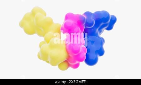 Illustration de la structure d'une molécule de dégradation de protéine ciblée, telle qu'une chimère de ciblage de protéolyse (PROTAC). Les dégradants de protéines ciblés sont de petites molécules constituées de deux ligands (jaune et violet) joints par un linker (rose). Un ligand recrute une protéine d'intérêt, tandis que l'autre recrute une molécule de protéine ligase, ce qui conduit à l'ubiquitylation et à la dégradation subséquente de la protéine d'intérêt. Banque D'Images