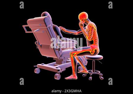Illustration représentant un travailleur de la santé avec un squelette surligné, symbolisant des troubles squelettiques associés à la profession de santé. Banque D'Images