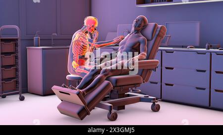 Illustration représentant un travailleur de la santé avec un squelette surligné, symbolisant des troubles squelettiques associés à la profession de santé. Banque D'Images
