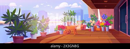 Jardin à la maison sur une terrasse haute ou sur le toit de gratte-ciel avec paysage urbain sur fond. Dessin animé vecteur patio ou véranda avec plancher en bois, arbres verts et Illustration de Vecteur