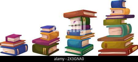 Pile de livres dans l'ensemble d'illustration vectorielle de dessin animé. Grande et petite pile de littérature avec des pages de papier, couverture rigide colorée et signets pour l'éducation et Illustration de Vecteur
