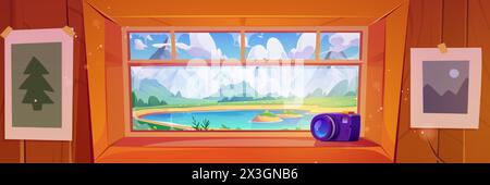 Vue sur le lac de montagne depuis la fenêtre du chalet. Illustration vectorielle de dessin animé de la caméra sur le rebord de la fenêtre, photos de paysage sur le mur, belle nature d'été en dehors bu Illustration de Vecteur