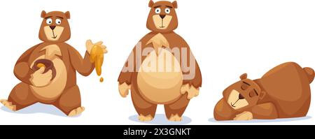 Personnages d'ours mignons ensemble isolé sur fond blanc. Illustration vectorielle de dessin animé de la mascotte grizzly, animal marron drôle assis avec pot de miel, stand Illustration de Vecteur