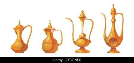 Théière ou cafetière arabe avec ornement traditionnel. Ensemble d'illustration vectorielle de dessin animé de bouilloire en métal arabe de différentes formes avec le patrimoine antique Illustration de Vecteur