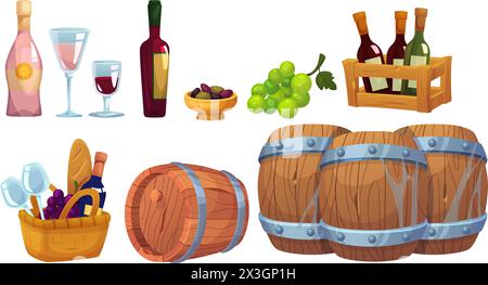 Stockage et boisson du vin. Ensemble d'illustration vectorielle de dessin animé d'éléments de boisson d'alcool de raisin - fûts de chêne en bois vieilli et boîte, bouteilles et verres avec Illustration de Vecteur