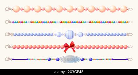 Bracelets de perles et colliers ensemble isolé sur fond. Illustration vectorielle de bandes dessinées de perles de couleur, pierres précieuses et perles sur ficelle, accessoire de bijoux Illustration de Vecteur