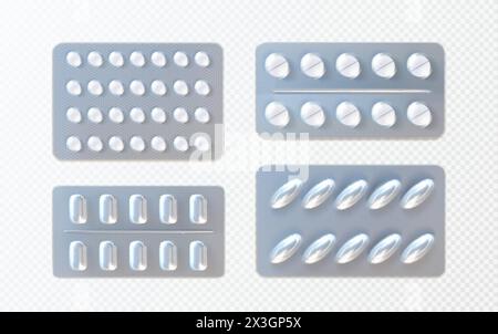 Pilules et gélules dans une maquette de plaquette thermoformée en aluminium. Ensemble réaliste d'illustration vectorielle de médecine dans un emballage en plastique sur fond transparent. Modèle m Illustration de Vecteur