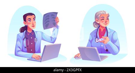 Femme médecin travaillant au bureau avec ordinateur portable. Ensemble de vecteur de dessin animé de jeune et vieux spécialiste médical féminin dans des vêtements blancs avec stéthoscope sur le cou sitt Illustration de Vecteur