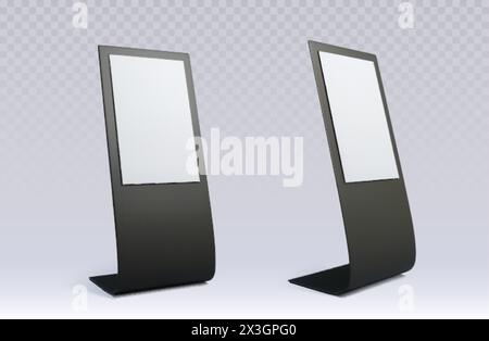 Stand ou tableau de kiosque d'information publicitaire et promotionnelle. Ensemble d'illustration vectorielle réaliste de maquette vide noir et blanc de kiosque d'information portable avec sig Illustration de Vecteur