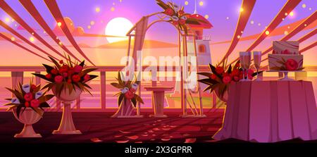 Cérémonie de mariage soirée coucher de soleil installation extérieure avec autel sous arc drapé et décoré de fleurs sur le rivage avec phare. Dessin animé vecteur illustr Illustration de Vecteur