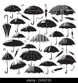 Ensemble de silhouette noire de divers parapluies, illustration vectorielle Illustration de Vecteur