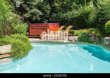 Piscine creusée entourée d'une clôture de sécurité en métal en fer forgé de couleur cuivre et diverses plantes vivaces, arbustes et arbres dans le résidentiel Banque D'Images