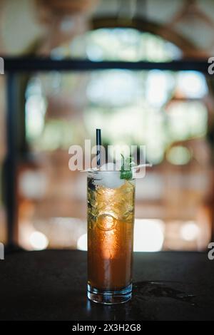 Deux fruits de litchi avec des feuilles de menthe dans un verre de jus de citron. Arrière-plan bokeh. Banque D'Images