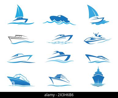 Creative Blue Yachts Boats Collection Set logo icônes de conception vectorielle illustration de symbole Illustration de Vecteur