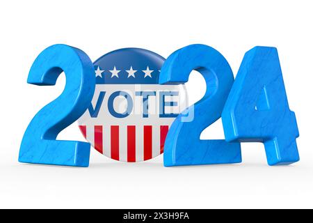 2024 et vote PIN badge sur fond blanc. Illustration 3D isolée Banque D'Images