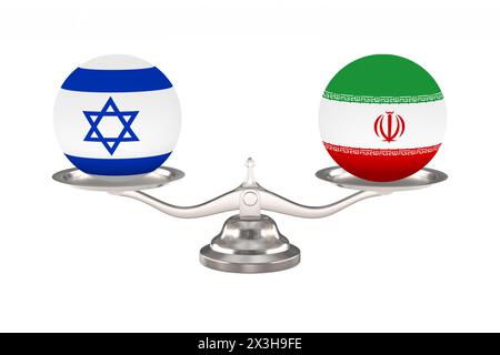 Deux boules avec drapeau israël, iran et échelle sur fond blanc. Illustration 3D isolée Banque D'Images