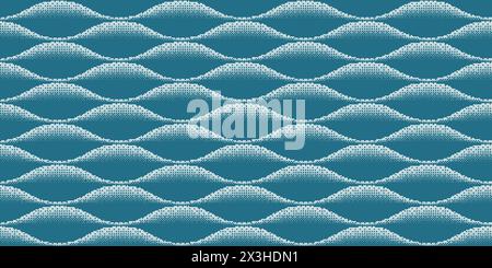 Ailes blanches de mousse sur vagues bleues sous la forme d'une trame de demi-teinte. Motif sans couture. Jeu d'ordinateur avec fond plat 8 bits. Pixel tex mer ou océan Illustration de Vecteur