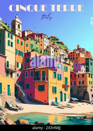 Cinque Terre, Italie affiche de voyage dans un style rétro. Illustration de Vecteur