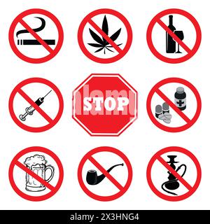 Arrêtez la drogue. Collection d'affiches d'interdiction de médicaments. Ne pas fumer, pas de marijuana, pas de pipe à tabac, pas d'alcool, pas de bière, pas de signe de pilules, pas d'icônes Hookah Banque D'Images