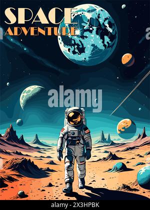 Astronaute dans l'espace rétro affiche, fond, couverture. Espace et concept d'univers. Cosmonaute en combinaison spatiale marchant sur une planète désertique. Style vintage v Illustration de Vecteur