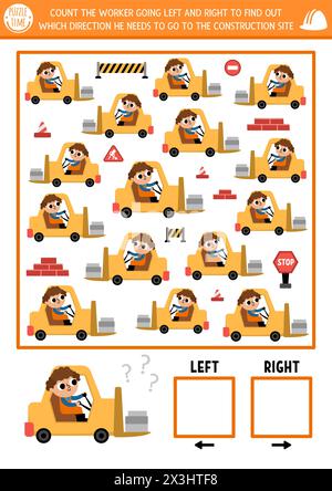 Jeu de logique de chantier de construction avec concept droit et gauche pour les enfants. J'espionne la recherche, comptant l'activité avec la voiture de chariot élévateur. Véhicule industriel imprimable Illustration de Vecteur