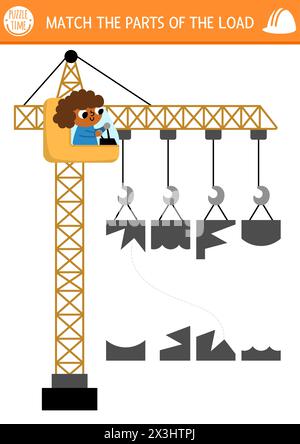 Activité de mise en correspondance de l'ombre et de la forme du chantier de construction avec grue de levage et opérateur. Puzzle de travaux de construction. Trouvez la silhouette imprimable correcte workshe Illustration de Vecteur