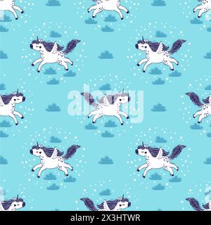Vecteur modèle sans couture de licornes magiques dans le ciel parmi les nuages moelleux. Illustration dessinée à la main d'une licorne et de nuages sur un fond bleu Illustration de Vecteur