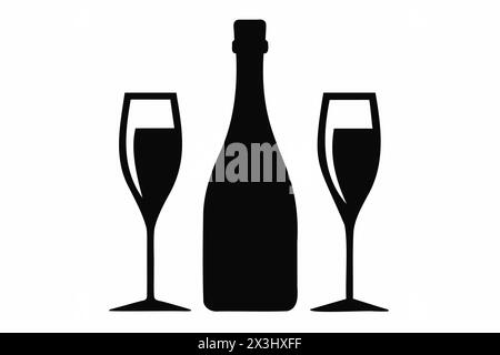 Silhouette d'une bouteille de champagne avec deux verres. Illustration graphique en noir et blanc isolée sur fond blanc. Design minimaliste. Concept de célébration, nouvel an, Noël, toast Illustration de Vecteur