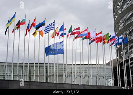 Flaggen der eu-Staaten und der Ukraine sowie die eu-Flagge wehen vor dem eu-Parlament in Straßburg. Straßburg, 25.04.2024 Grand est Frankreich *** les drapeaux des états de l'UE et de l'Ukraine ainsi que le drapeau de l'UE flottent devant le Parlement européen à Strasbourg Strasbourg, 25 04 2024 Grand est France Copyright : xDwixAnoraganingrumx Banque D'Images