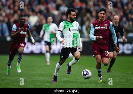 LONDRES, Royaume-Uni - 27 avril 2024 : Mohamed Salah de Liverpool en action lors du match de premier League entre West Ham United FC et Liverpool FC au London Stadium (crédit : Craig Mercer/ Alamy Live News) Banque D'Images