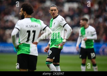 LONDRES, Royaume-Uni - 27 avril 2024 : Darwin Nunez de Liverpool réagit lors du match de premier League entre West Ham United FC et Liverpool FC au London Stadium (crédit : Craig Mercer/ Alamy Live News) Banque D'Images