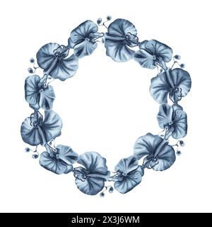 Couronne florale avec fleurs et bourgeons d'orchidée bleues. Illustration d'aquarelle dessinée à la main isolée sur fond blanc. Cadre rond monochrome Indigo Banque D'Images