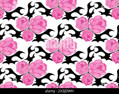 Mignon emo roses noir et rose modèle sans couture y2k, style girly brutal à la mode. Illustration vectorielle. Illustration de Vecteur