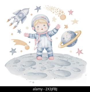 Illustration d'aquarelle de cosmonaute. Astronaute dessiné à la main dans un espace avec vaisseau spatial, planète et étoiles sur fond isolé. Dessin de Spaceman pour les cartes de voeux de douche de bébé ou invitation d'anniversaire. Banque D'Images